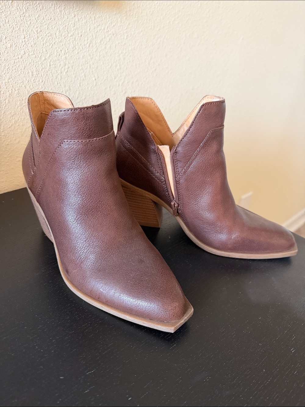 Crown Vintage Brown Leather Pointed Ankle Booties with Stacked Heel
